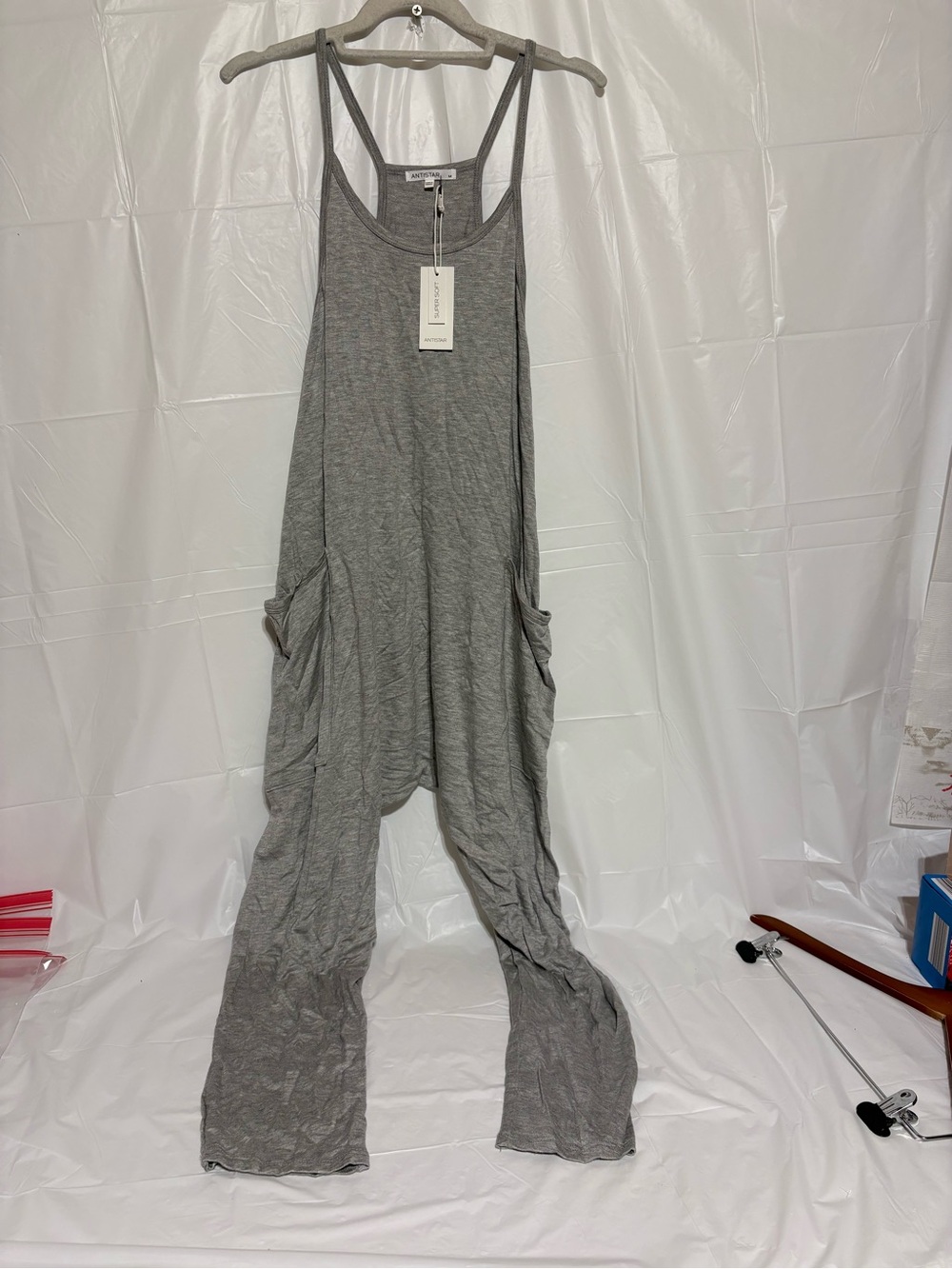 Antistar Lightweight Gray Sleeveless Wide-Leg Pocket Jumpsuit NWT